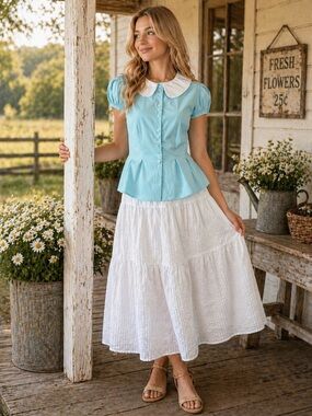 Cider Pastel Aqua Blue Peter Pan Collar Puff Sleeve Blouse cottage Farm Girl, M